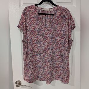 Sejour Pink Multicolored Dots V-Neck Short Sleeve Blouse in Size 1X